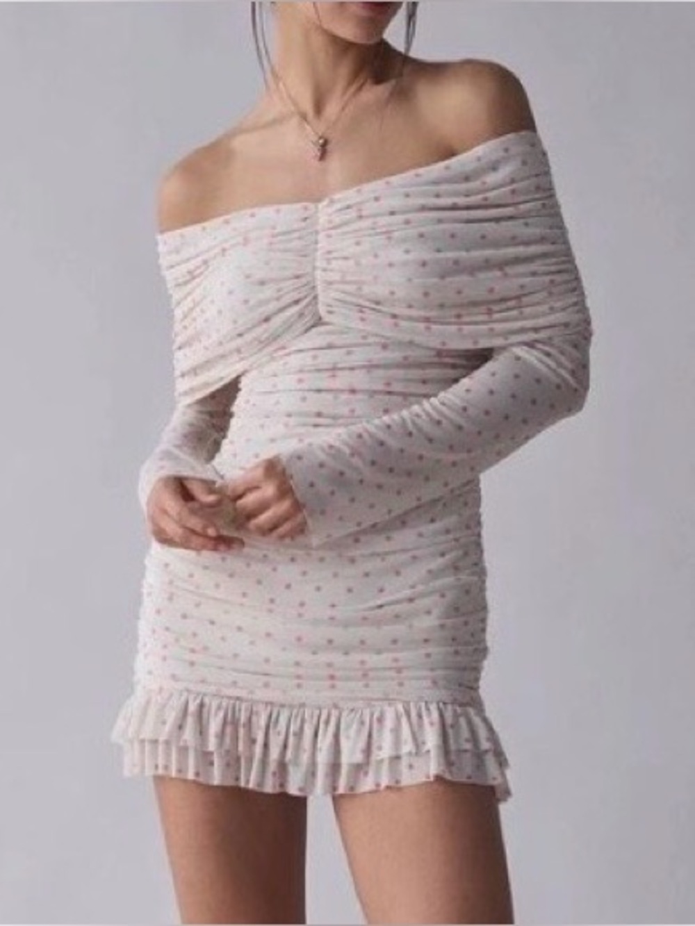 AFRM Fay Polka Dot Mesh Off-The-Shoulder Mini Dress Size Large